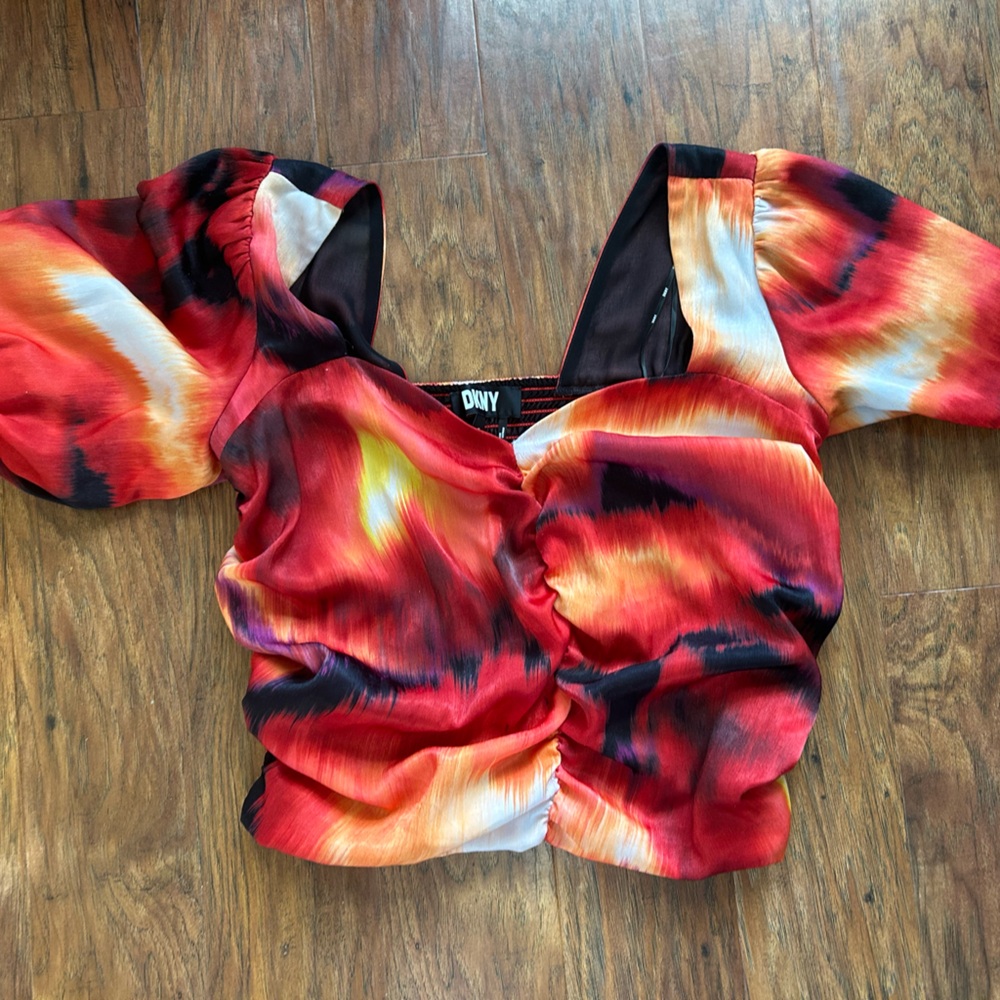 DKNY Women's Red Multi Tie-Dye Satin Crop Top Blouse